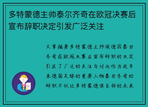 多特蒙德主帅泰尔齐奇在欧冠决赛后宣布辞职决定引发广泛关注 多特蒙德主帅泰尔齐奇在欧冠决赛后宣布辞职决定引发广泛关注