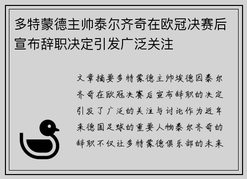 多特蒙德主帅泰尔齐奇在欧冠决赛后宣布辞职决定引发广泛关注